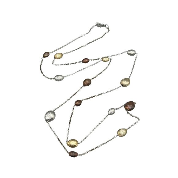 Tri-Color Station Necklace with Silver Gold & Copper Toned Beads Dainty Thin Cha - Picture 1 of 6